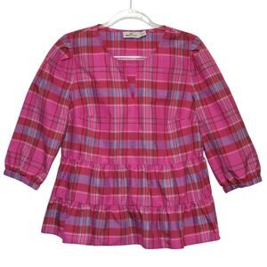 Vineyard Vines x Tuckernuck Pink Plaid Top Tiered Ruffle Scoop Neck Summer Top M